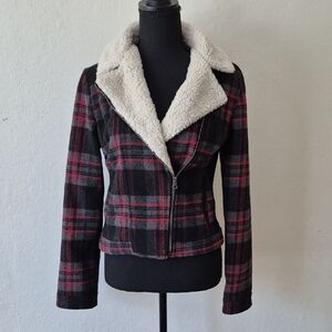 Jack by BB Dakota Red and Black Plaid Teddy Hoodie Jacket Sz S Great Condition